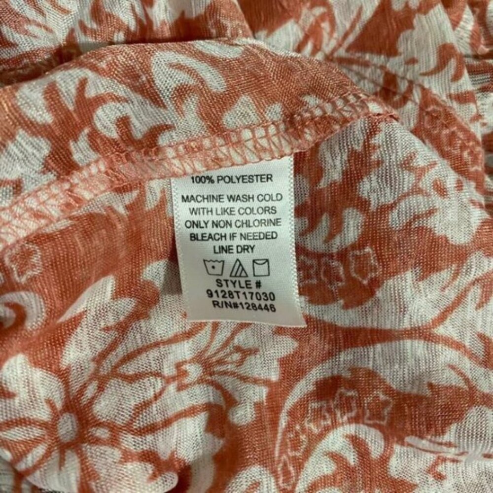 DNA Couture Pattern V-Neck Blouse Small S Sheer Rust Floral Button Tab Sleeve - Picture 9 of 11